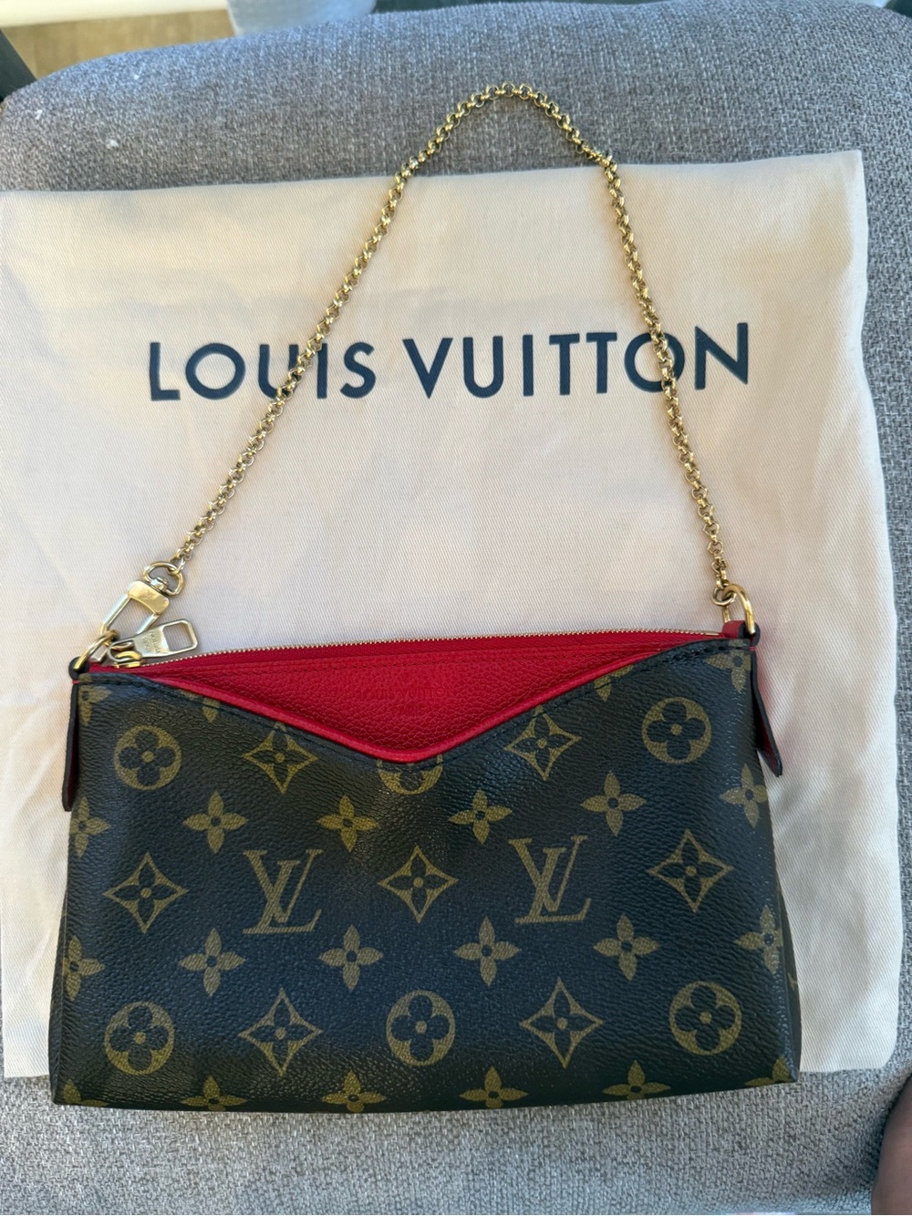 Louis Vuitton Monogram Canvas Shoulder Bag with Red Trim and Gold Chain